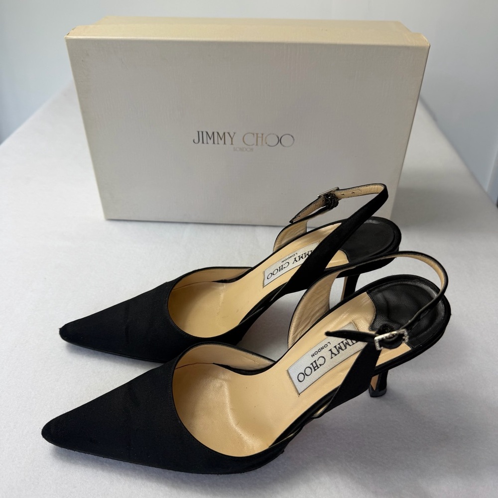 Jimmy Choo Syria Slingback Heels Black Satin Pointed Toe 37 85mm Classic - Picture 3 of 14